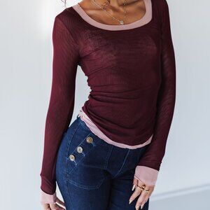 Berry Mesh Long Sleeve Top Scoop Neck Layered Sheer Blush Trim Fitted NWT